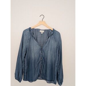 Cloth & Stone Blue Chambray Ruffle Neck Button Down Blouse Top Womens Medium